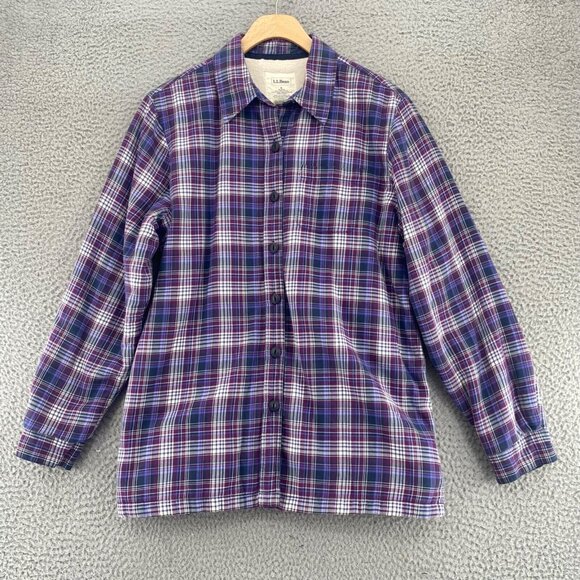 LL Bean Shirt Womens Small Purple Plaid Fleece Lined Flannel Button Up Collar - Picture 1 of 12